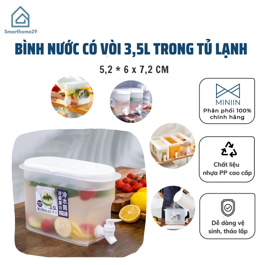 Bình Đựng Nước Có Vòi 3,5L  Để Trong Tủ Lạnh Tiện Lợi Đa Năng Ngăn Nắp Loại 1 - Hàng Chính Hãng MINIIN