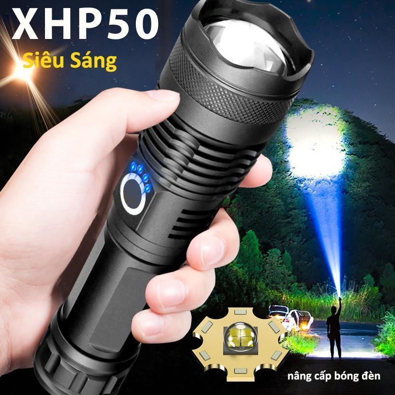 Đèn pin siêu sáng XHP50 bản cao cấp đèn led chiếu xa chống nước, chiếu xa 300m, sạc pin tiện lợi Độ sáng 1800 lumens