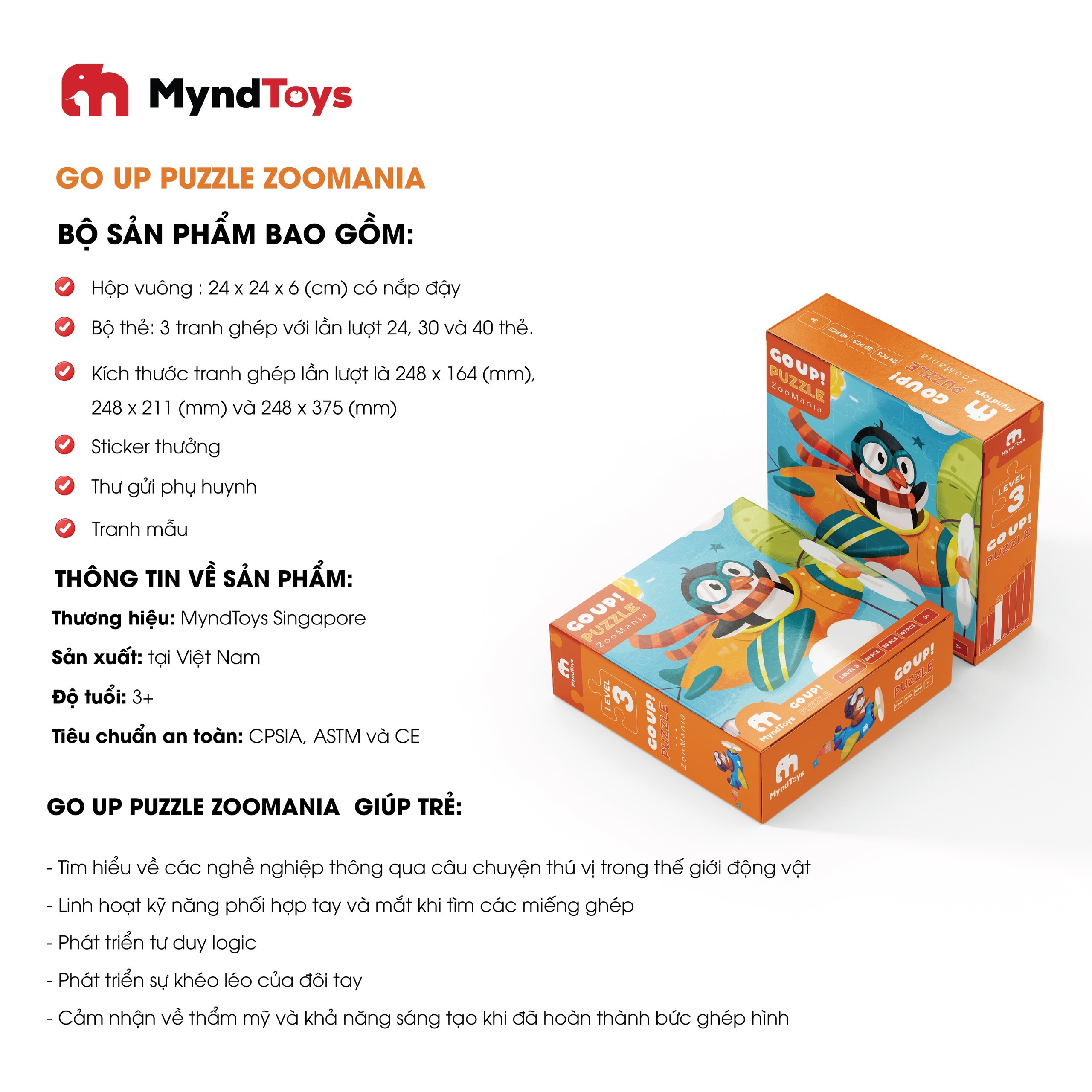 Đồ Chơi Xếp Hình Myndtoys Go Up! Puzzle Level 3 - ZooMania (Vườn Thú Sinh Động) Dành Cho Các Bé Trên 3.5 Tuổi