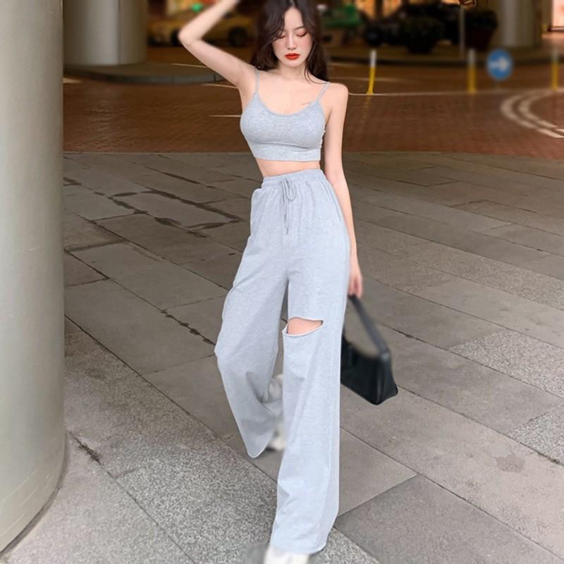 Quần Thể Thao Ống Rộng Phối Rách Cá Tính Theo Phong Cách Hàn Quốc