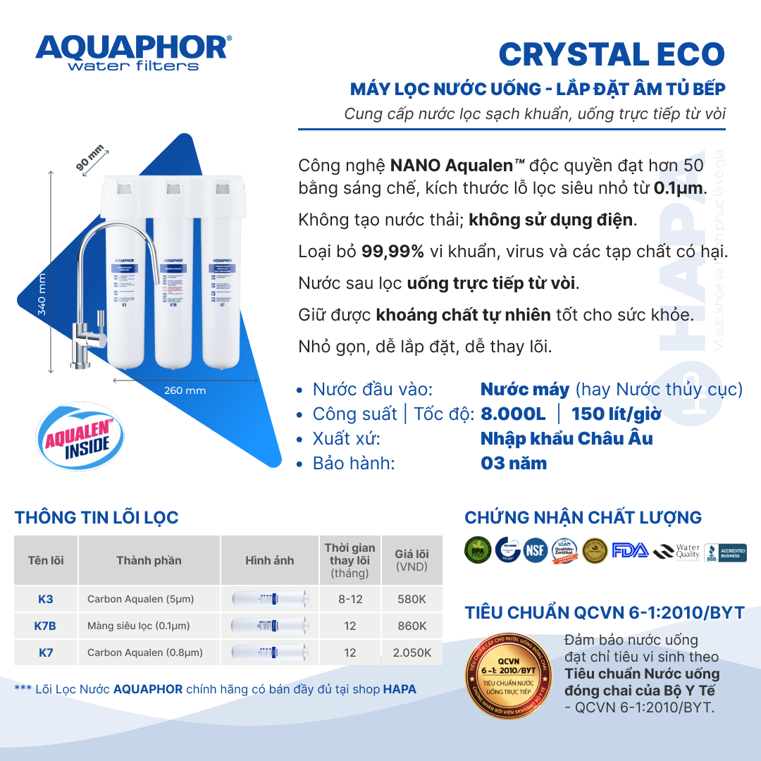 Máy Lọc Nước AQUAPHOR CRYSTAL ECO Uống Trực Tiếp Từ Vòi, Công Nghệ NANO Không Điện - Hàng Chính Hãng