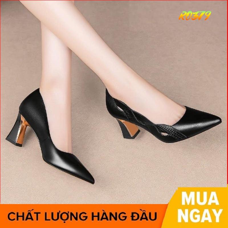 Giày cao gót nữ đẹp đế vuông 5 phân hàng hiệu rosata hai màu đen kem ro379