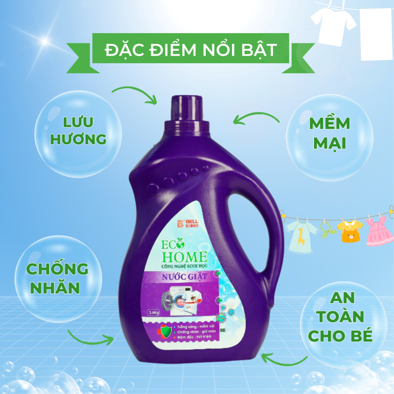 Nước Giặt Xả Quần Áo 2 In1 Công Nghệ Sinh Học ECOHOME 3,6KG Hương Thơm Mát Can Tím Làm Sạch Khử Mùi Hôi Ngừa Vi Khuẩn