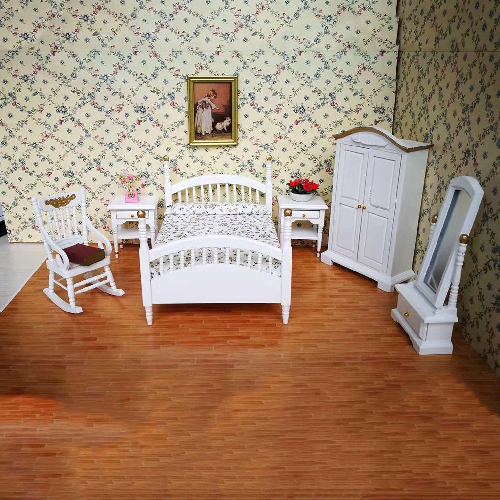 1/12 Dollhouse Miniature Furniture Bedroom Set Bed Wardrobe Cabinet Chair