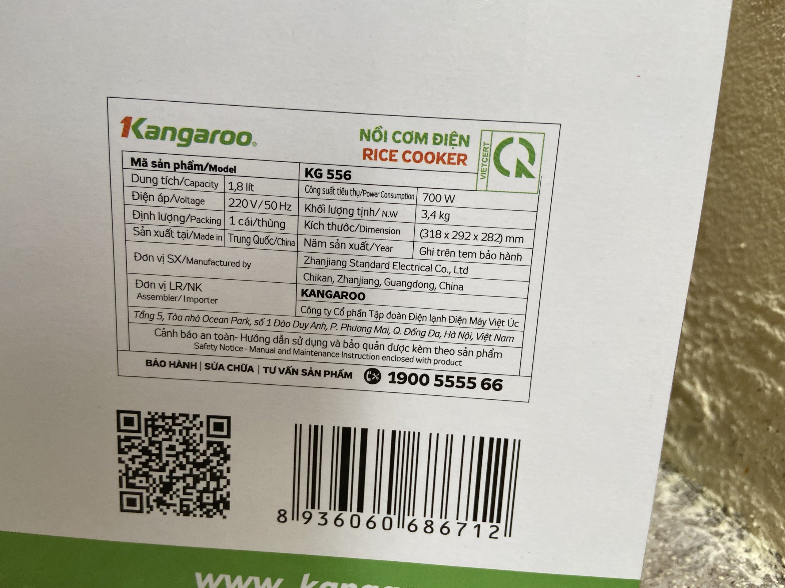 Nồi cơm 1.8l kangaroo model KG556 HÀNG CHÍNH HÃNG