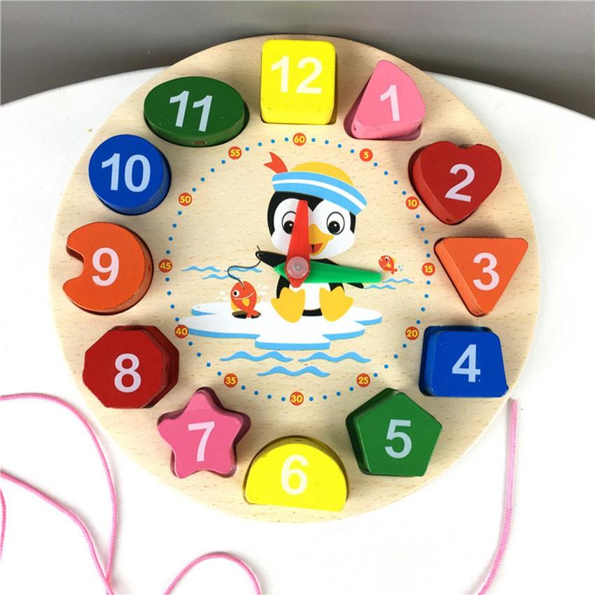 Đồng hồ Gỗ xếp hình học xỏ dây cho bé học đếm giờ phân biệt màu sắc hình khối - Xâu chuỗi hạt bằng gỗ