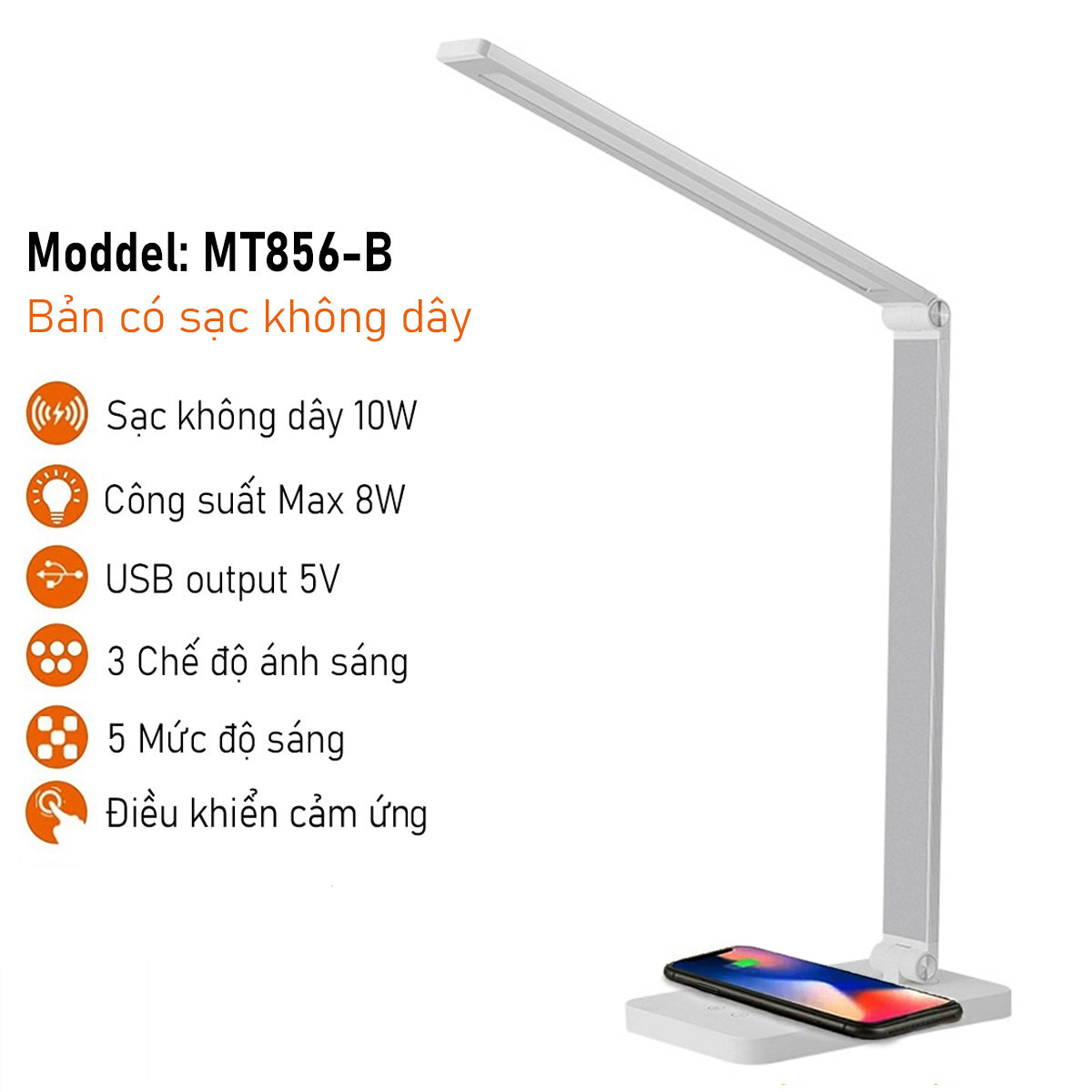 Đèn bàn học đọc sách cảm ứng LED 8W, 5 Chế độ sáng, Có cổng sạc USB 5V.1A