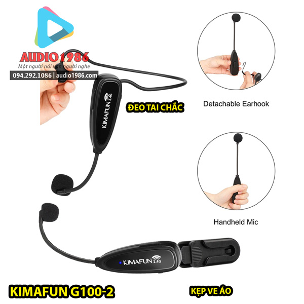 Micro Kimafun G100-2 wireless 2.4G không dây đeo tai, cài ve áo sử dụng đa năng cho loa kéo, amply, mixer, điện thoại, máy tính, laptop