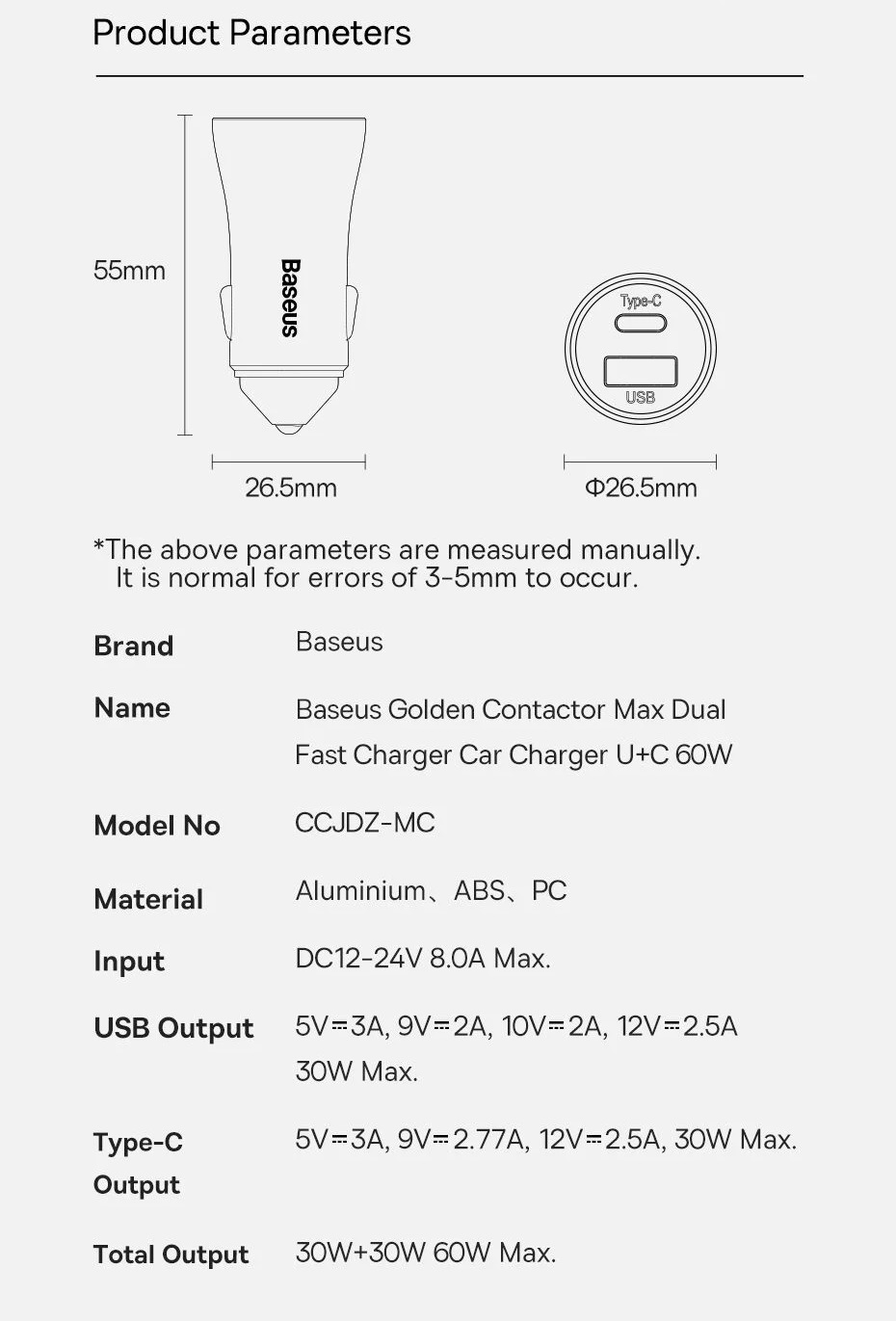 Củ sạc ô tô 60W 2 cổng C + U Baseus Golden Contactor Max Dual CCJDZ-MC _ Hàng chính hãng