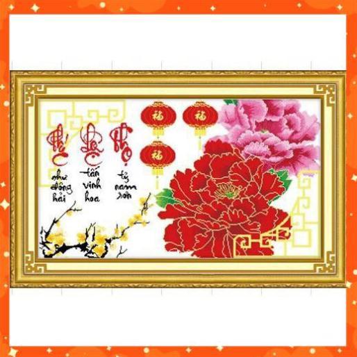 Tranh thêu chữ thập Phúc lộc thọ - Cành mai mẫu đơn  chưa thêu