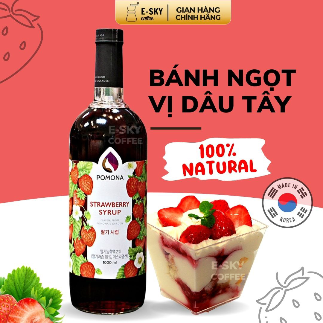 Siro Dâu Tây POMONA Strawberry Syrup Nguyên Liệu Pha Chế Hàn Quốc Chai Thủy Tinh 1 lít