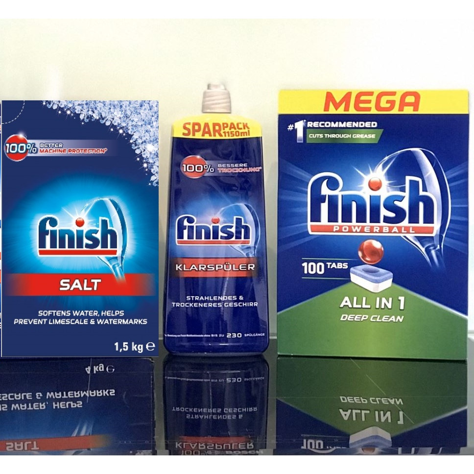 Nước làm bóng finish 1150ml+100 Viên rửa bát Finish All in 1+Muối rửa bát Finish 1.5kg