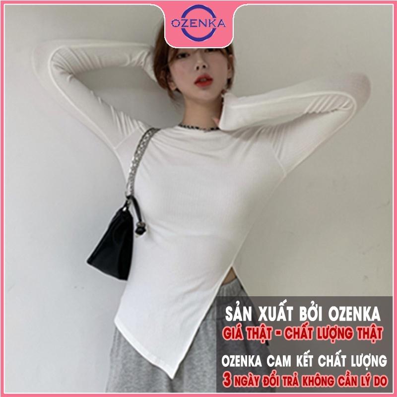 Áo thun croptop nữ tay dài sẻ gấu , ao crt ôm body phong cách Hàn Quốc chất cotton lụa màu đen trắng dưới 52 kg