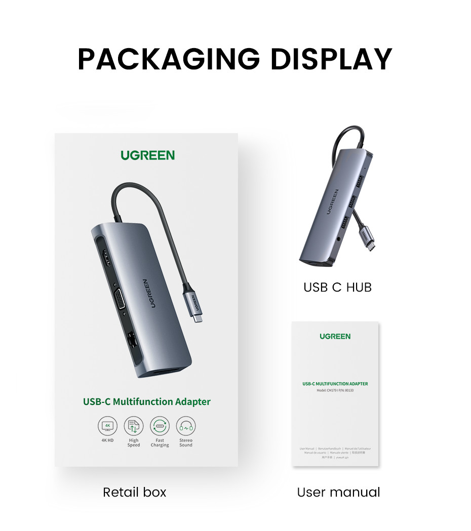 Bộ chuyển đổi USB C to HDMI + VGA + LAN 1Gbps + Hub USB3.0 + SD/TF + Audio Ugreen hàng chính hãng