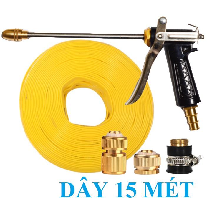 ️ Bộ dây vòi xịt nước rửa xe, tưới cây . tăng áp 3 lần, loại 15m 206701-3 đầu đồng,cút đồng+ tặng mở chai