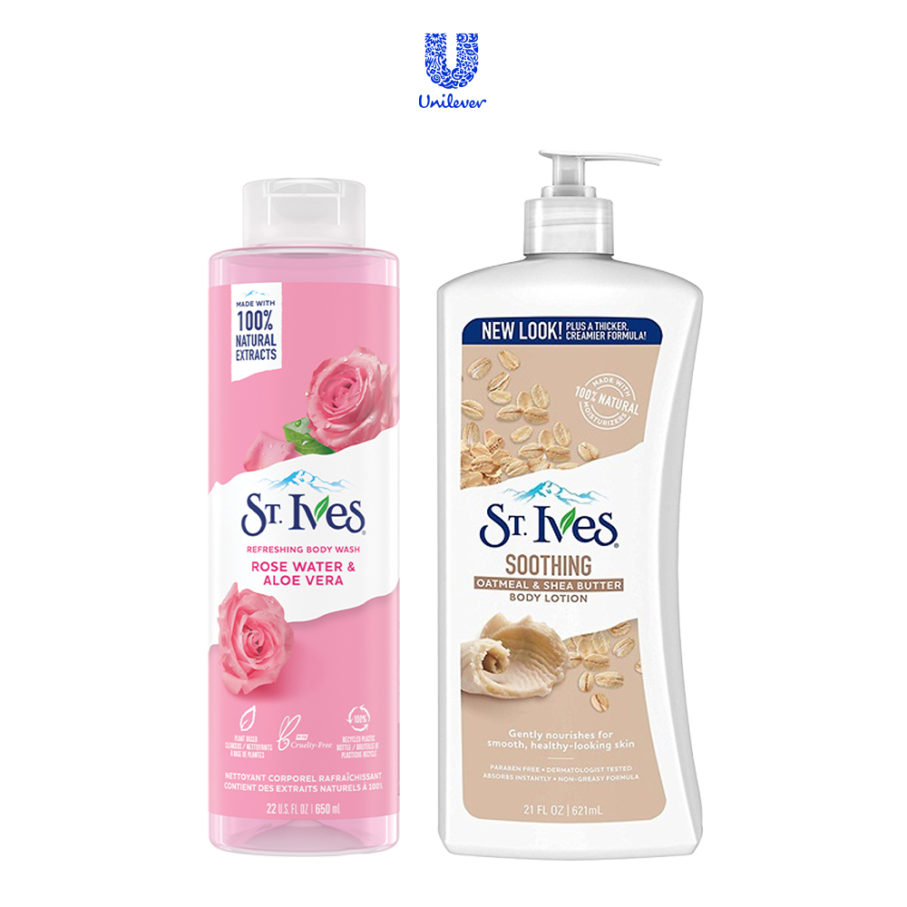 Combo Sữa tắm St.ives Hoa Hồng và Lô Hội 650ml &amp; Sữa dưỡng thể St.Ives Yến mạch và bơ 621ml