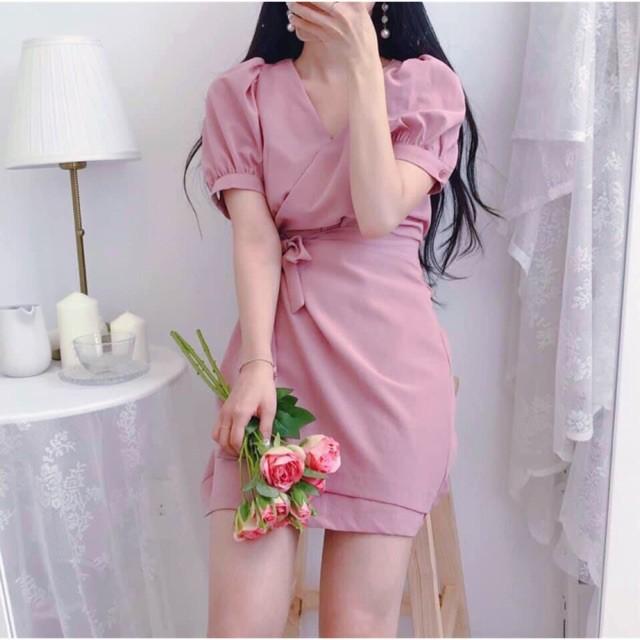 Đầm Suông Ngắn Hồng Cột Eo