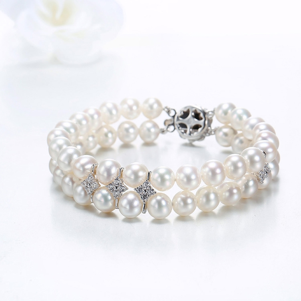 Vòng Tay Ngọc Trai Nước Ngọt Thiên Nhiên Cao Cấp - Chuỗi Đôi Tròn Mix - Trang Sức Cô Tấm - CZ PEARL  - Trắng - CTJ2709