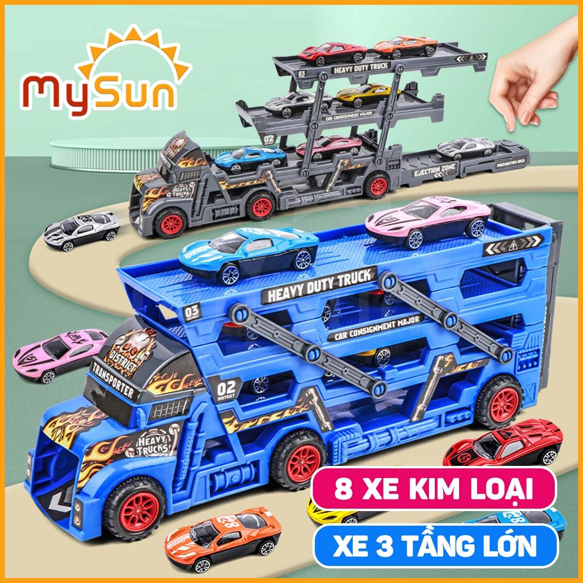 Mô hình xe tải container đầu kéo đồ chơi chở 8 ô tô cho bé MySun