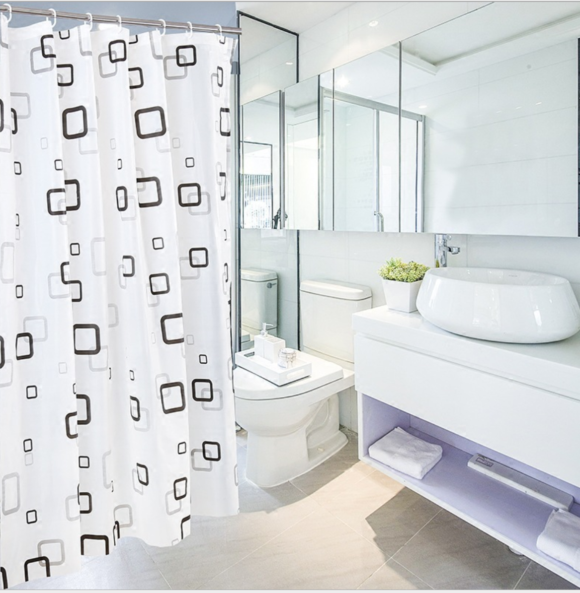 Rèm cửa nhà tắm vải PEVA mềm, mỏng, không thấm nước LOẠI DÀY 1.8x2m kèm móc treo
