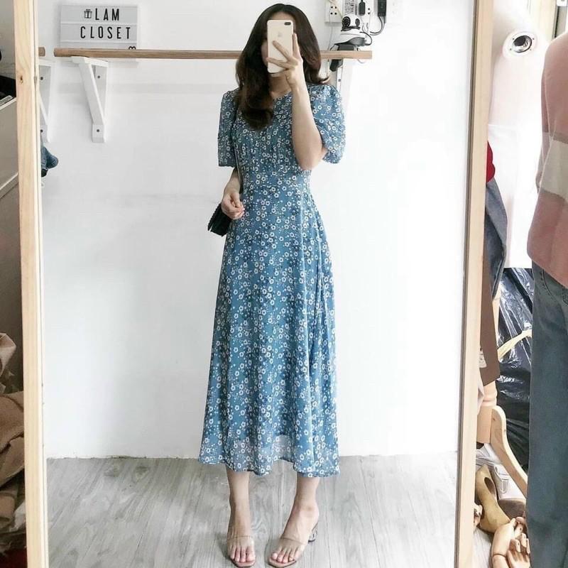 Đầm maxi hoa xanh ngực xếp li tay bo hàng loại 1