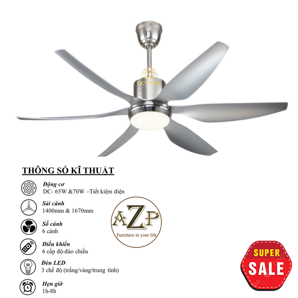 Siêu Sales QUẠT TRẦN AZP- 6 CÁNH NHỰA, CÔNG XUẤT 65W, CÓ REMOTE- Hàng Nhập Khẩu
