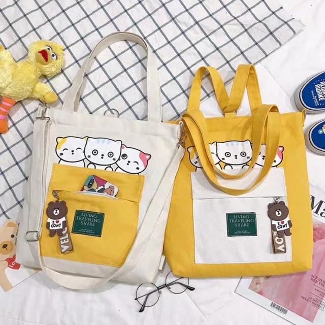 Túi ToTe đeo chéo đeo vai thời trang kiểu mới hình ba con mèo kute of KITI SHOP có khóa kéo vừa A4