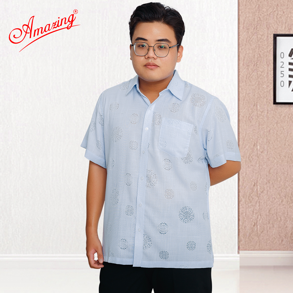 Áo sơ mi nam hoa văn bigsize, dáng rộng, tay ngắn, vạt ngang, hoạ tiết chữ thọ, hiệu Amazing