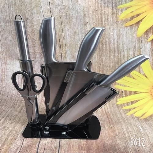 Bộ 6 dao kéo Japan có kệ cao cấp. Bộ dao làm bếp inox 6 món đúc nguyên khối hàng cao cấp
