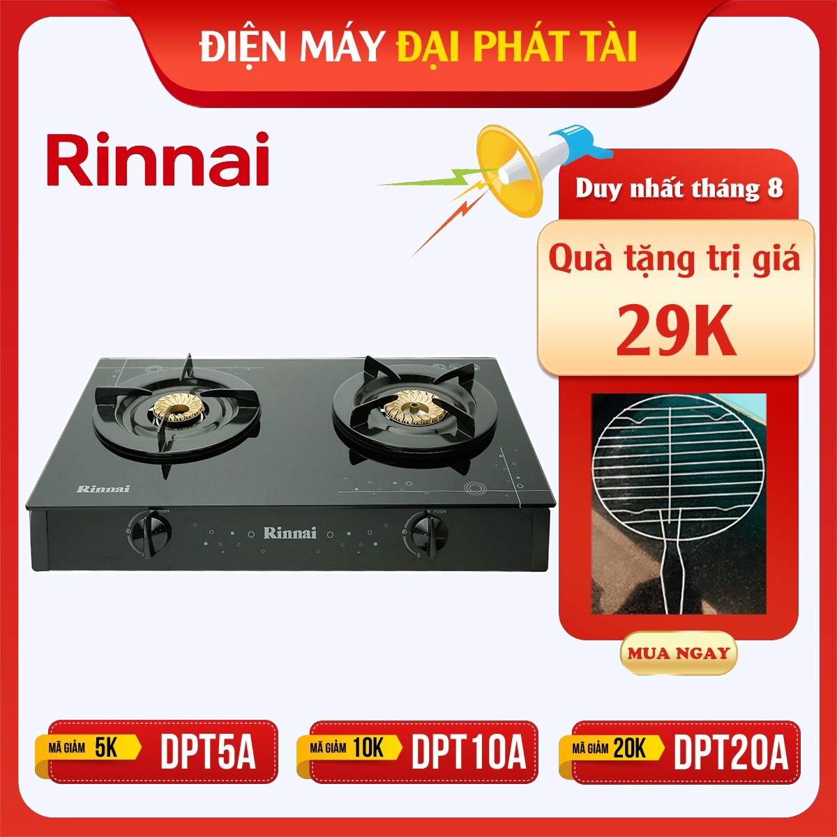 Bếp Ga Dương Đôi Rinnai RV-6Double Glass - Đen- Hãng chính hãng