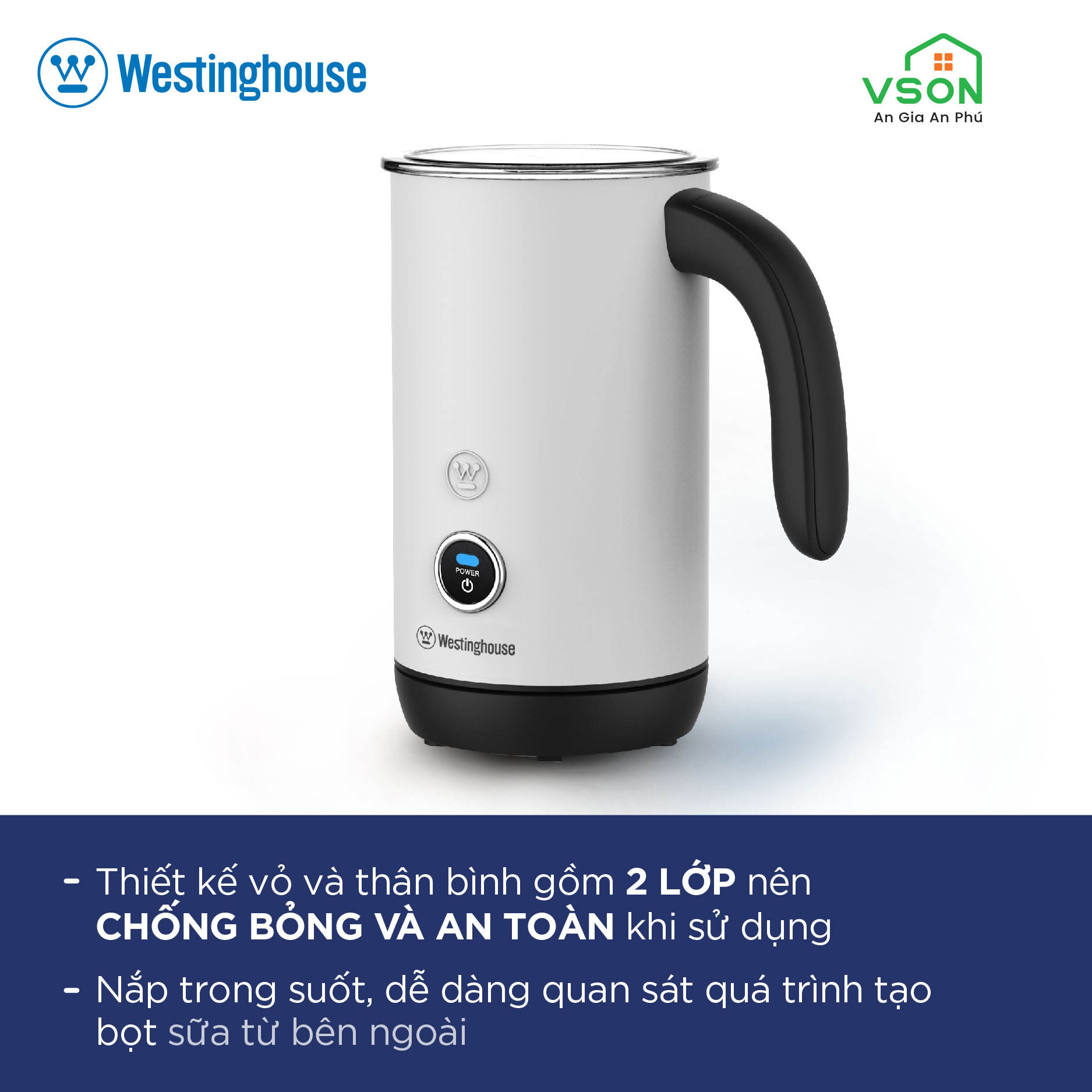 Máy đánh tạo bọt sữa Westinghouse WKMF651 115ml 500W Khởi động 1 chạm - Hàng chính hãng Mỹ