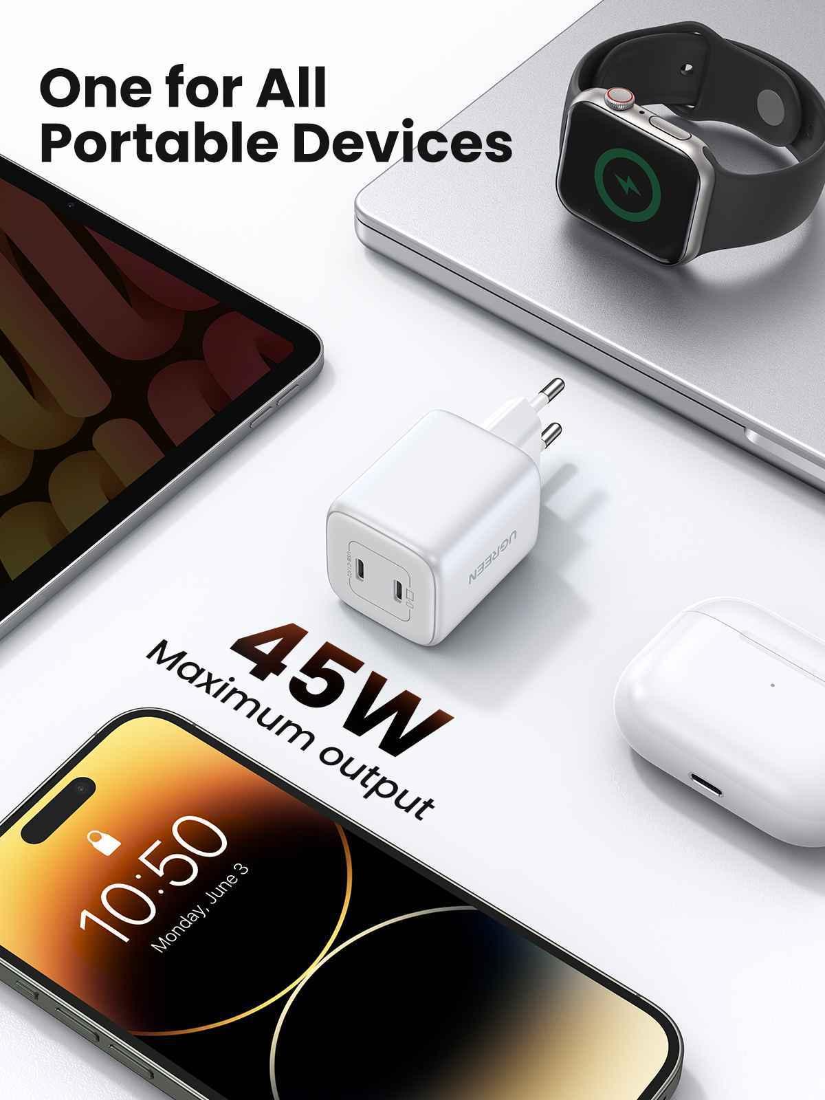 Ugreen UG15327CD294TK 45W 2C GaN chuẩn cắm EU chân tròn Màu Trắng Củ sạc nhanh 2 cổng USB-C - HÀNG CHÍNH HÃNG