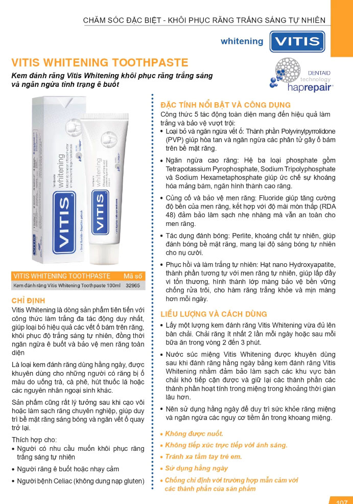 Kem Đánh Răng Vitis Whitening 100ml – Trắng Răng Tự Nhiên, Không Ê Buốt - Nhập Khẩu Tây Ban Nha