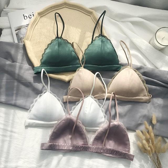  Áo Lót Bralette Vải Satin Dây Mảnh Không Gọng Viền Ren B066