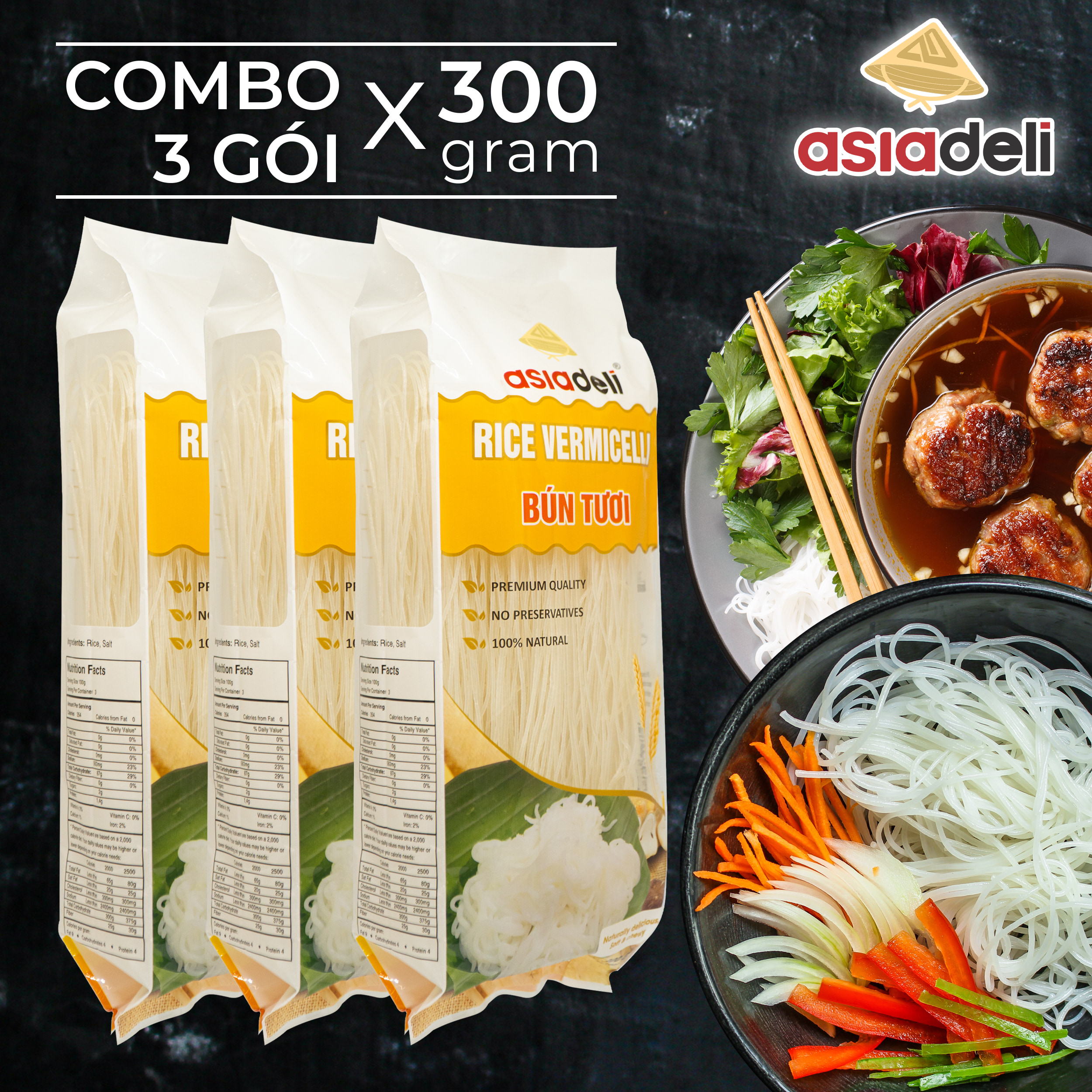 Hình ảnh Combo 3 gói Bún Tươi Khô Asiadeli 300g Hàng Xuất Khẩu