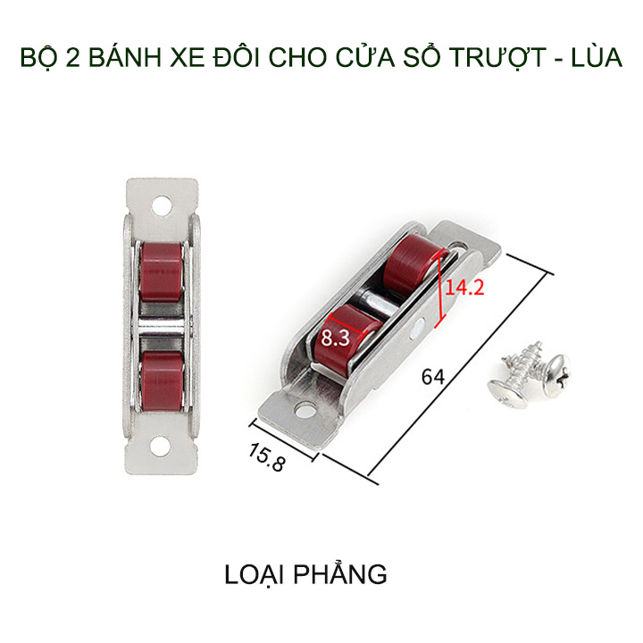 Bộ 2 bánh xe đôi cho cửa trượt-cửa lùa khung thép không gỉ, bánh xe nhựa Nilong rộng 16mm, dùng cho cửa trượt-lùa