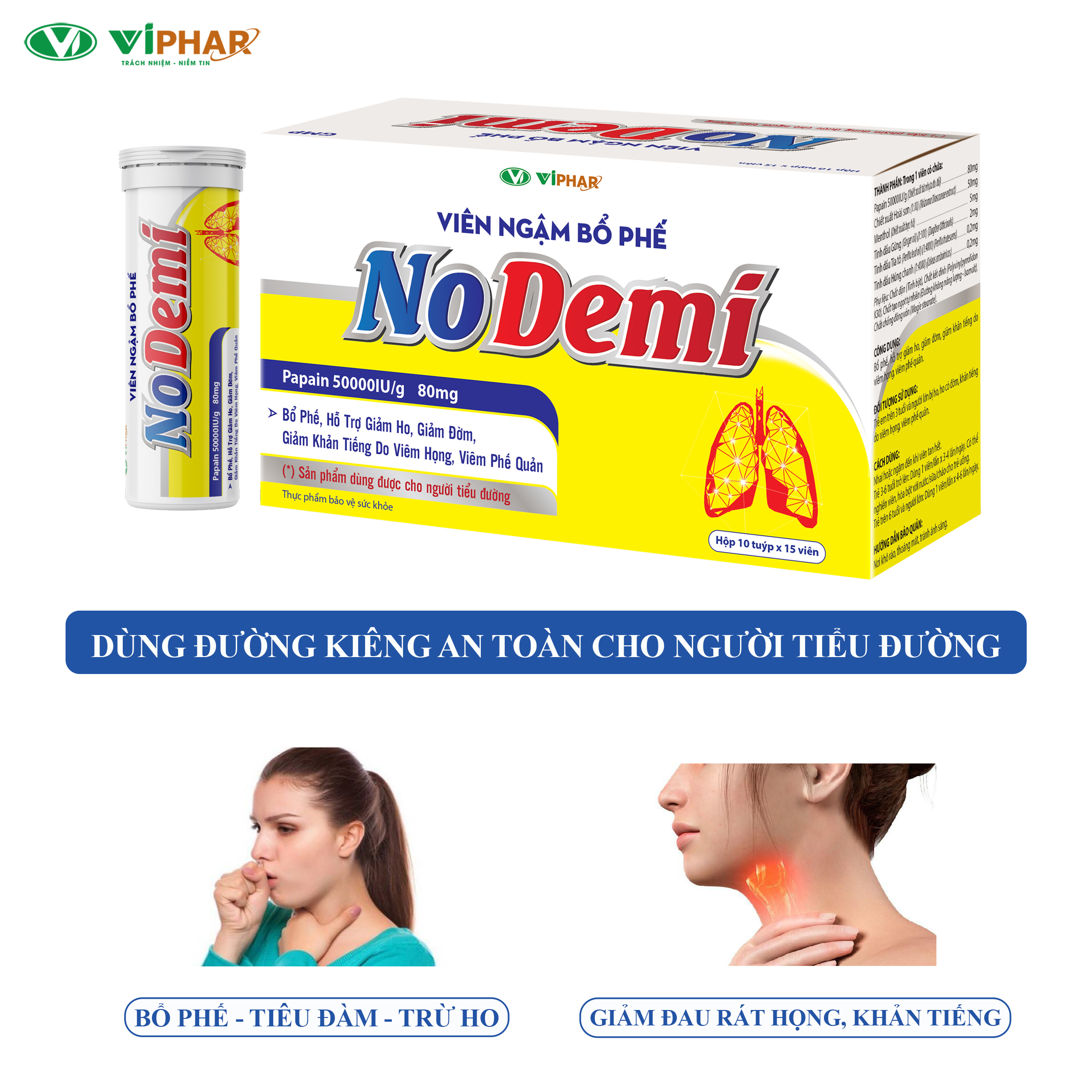 Viên Ngậm Bổ Phế, Giảm Ho, Giảm Đờm, Khản Tiếng Do Viêm Họng, Viêm Phế Quản Dùng Được Cho Người Tiểu Đường Nodemi Viphar