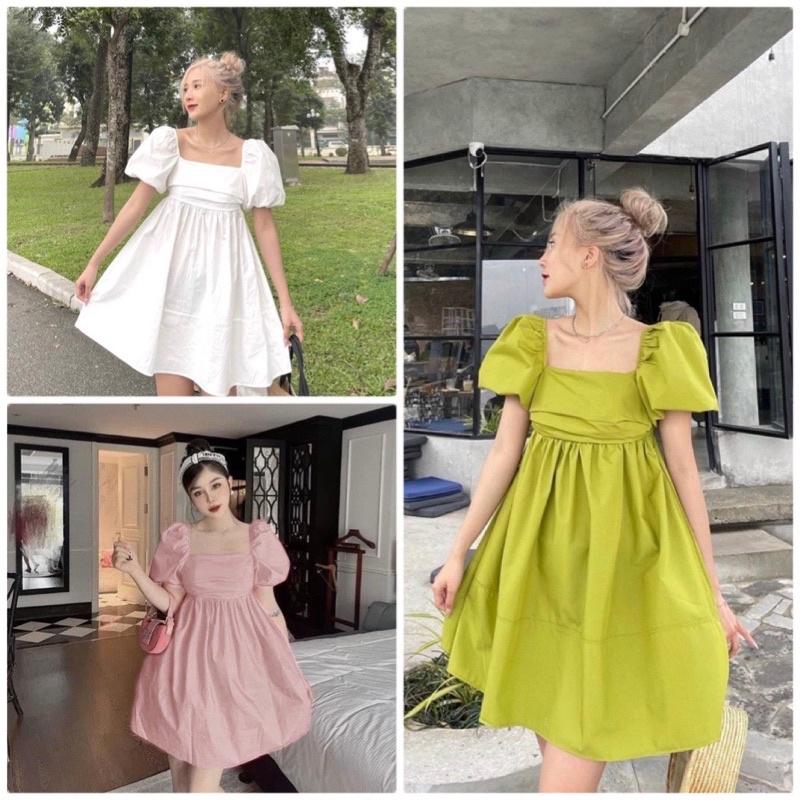 Đầm Babydoll cổ Vuông xếp ngực cột nơ lưng 2 lớp vải dày dặn , váy babydoll ulzzang Hàn Quốc trên gối dáng xòe bánh bèo