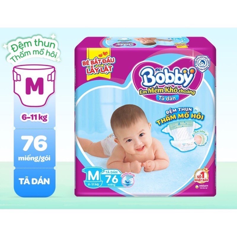 Tã Dán Bobby Siêu Mỏng Thấm Gói Siêu Lớn M76 (76 Miếng)