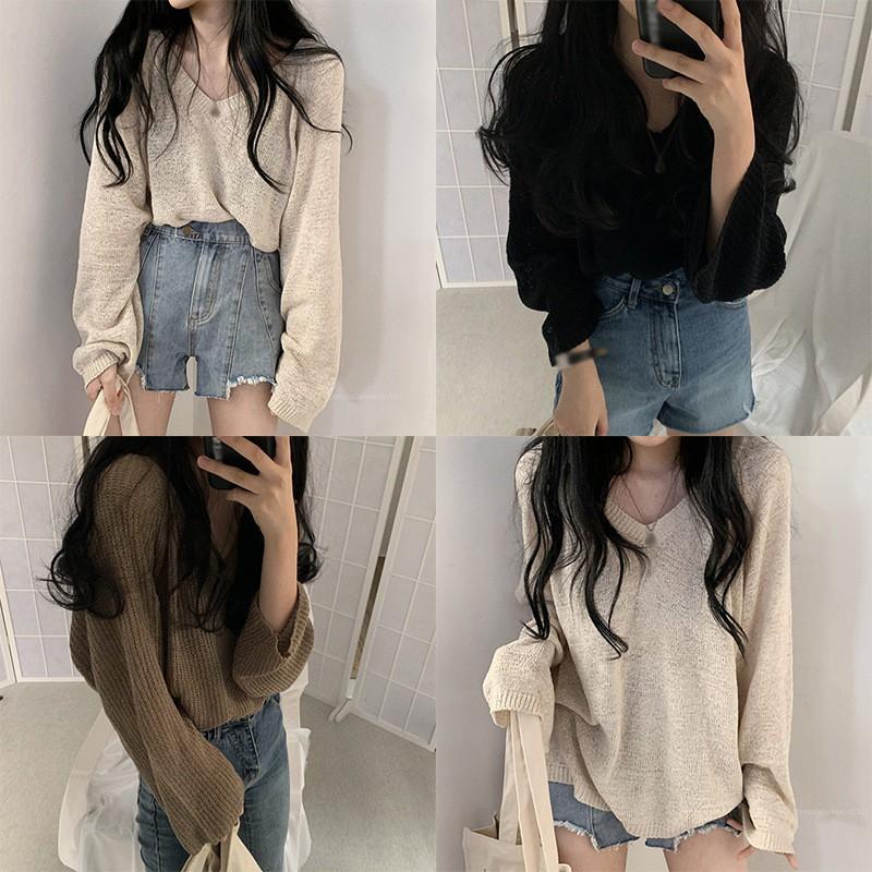 Áo Dệt Kim Mỏng Dáng Rộng Tay Dài 3 Màu Trơn Tùy Chọn Cho Nữ