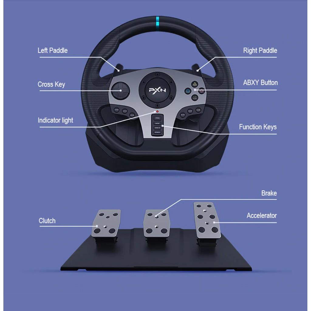 Vô lăng chơi game PXN V9 Gaming Racing Wheel - Vô lăng 270/900 độ , pedal chân côn , số sàn 7 cấp , Có RUNG - HÀNG CHÍNH HÃNG