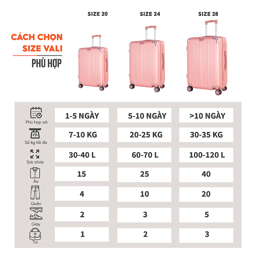 Vali du lịch BAMOZO 8809 MÀU TRẮNG size 20/24/28 , vali nhựa kéo bảo hành 5 năm