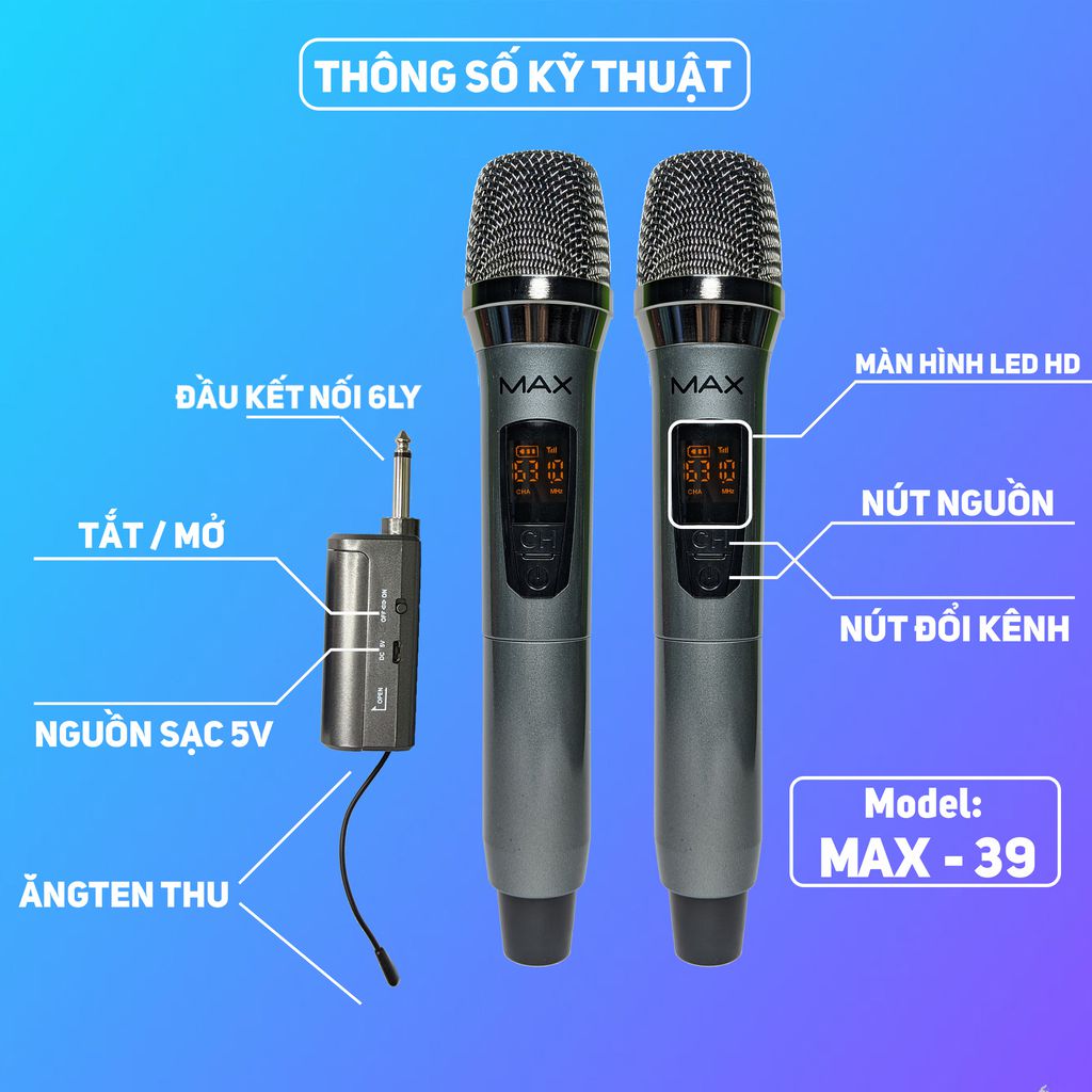 Micro không dây đa năng Max 39, Max 19 - Màn hình LCD hiển thị tần số - phù hợp cho mọi thiết bị - Hàng chính hãng - 2 mic (Max39)