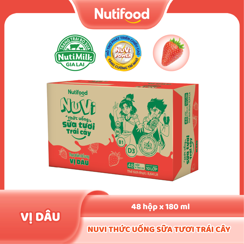 Thùng 48 hộp Thức Uống Sữa Tươi Trái Cây Tươi Nuvi Vị Dâu 180ml - Tăng Cường Chiều Cao, Phát Triển Trí Não