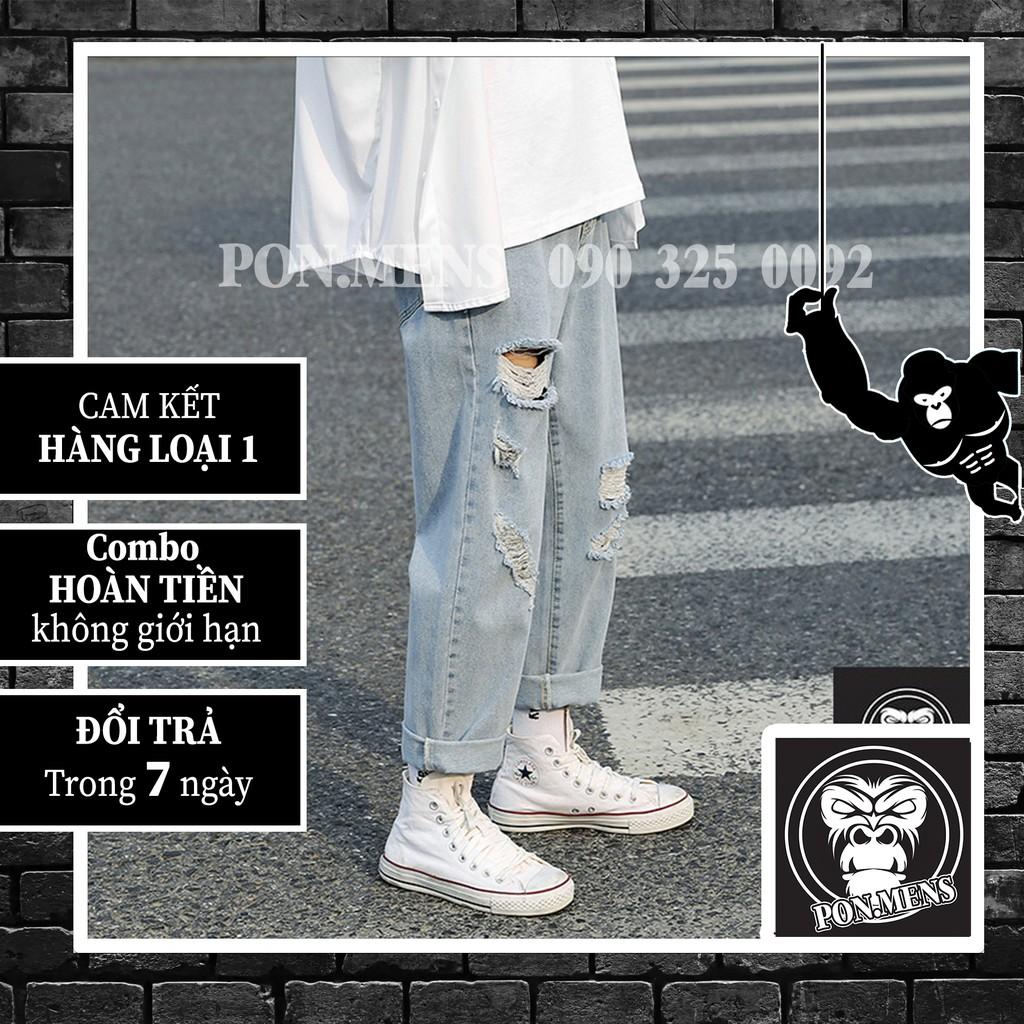 Quần baggy jean nam nữ ống rộng rách gối mới 2021 Pon.mens