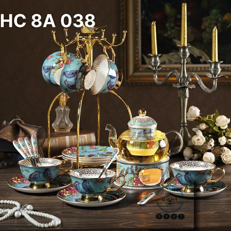 Bộ Ấm Trà Chiều Hoạ Tiết Chim Xanh - Bộ Ấm Chén Bằng Sứ Nhập Khẩu Phong Cách Châu Âu có bếp trâm trà