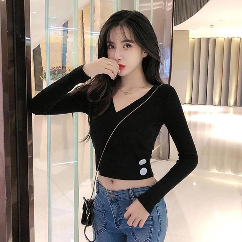 Áo Dệt Kim Nữ Tay Dài Cổ Chữ V Màu Trơn
