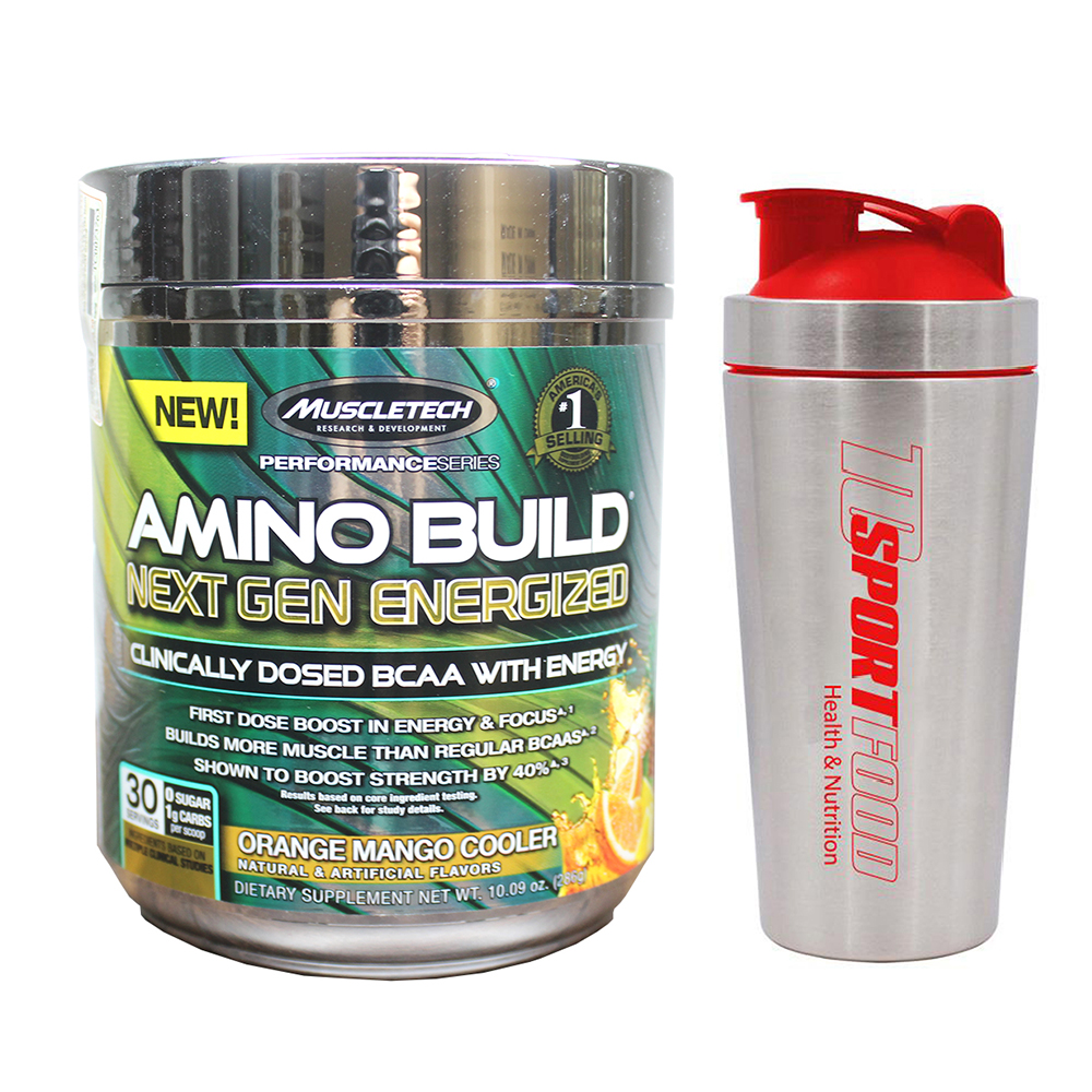 Combo BCAA Amino Build Next gen hương Orange Mango Cooler (Cam Xoài) của Muscle Tech hộp 30 lần dùng hỗ trợ phục hồi cơ, chống dị hóa cơ, tăng sức bền sức mạnh vượt trội, đốt mỡ, giảm cân, giảm mỡ bụng mạnh mẽ cho người tập thể thao & Bình lắc INOX 739ml (Mẫu ngẫu nhiên)