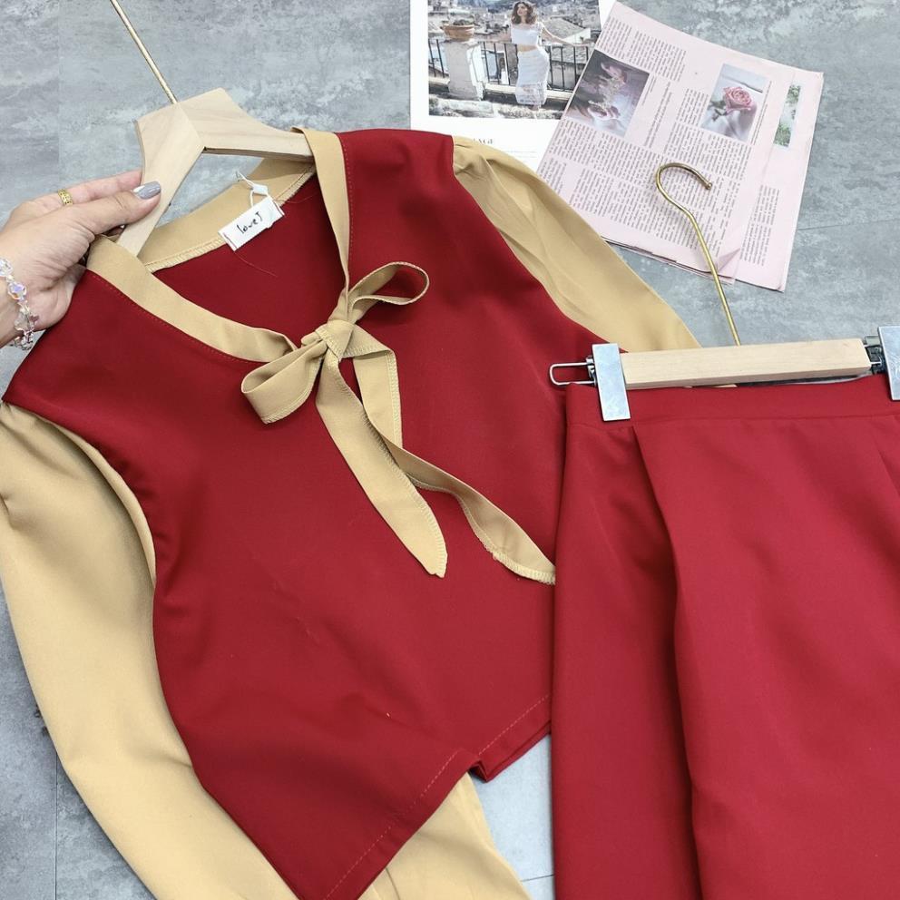 Set Chân Váy Đỏ Mix Áo Nơ Combo Áo Đỏ Phối Nơ Vàng Mix Chân Váy