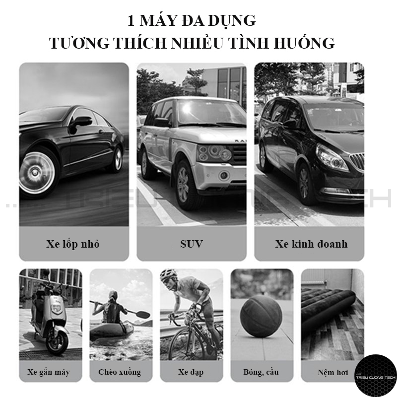 Máy Bơm Lốp Ô Tô Đa Năng Điện Tự Cầm Tay - Bơm Lốp Xe Ô Tô - Xe Máy - Xe Đạp - Cầu Bóng - Chế Độ Bơm Set Sẵn Và Tự Ngắt Khi Đầy